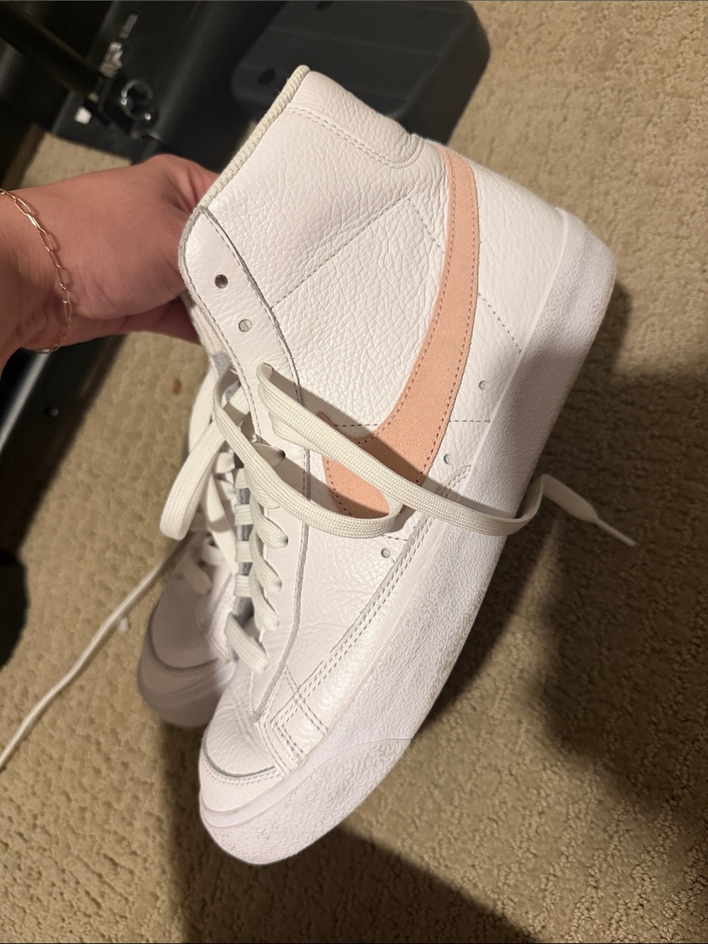 Nike Women's White High-Top Sneakers with Pale Pink Swoosh